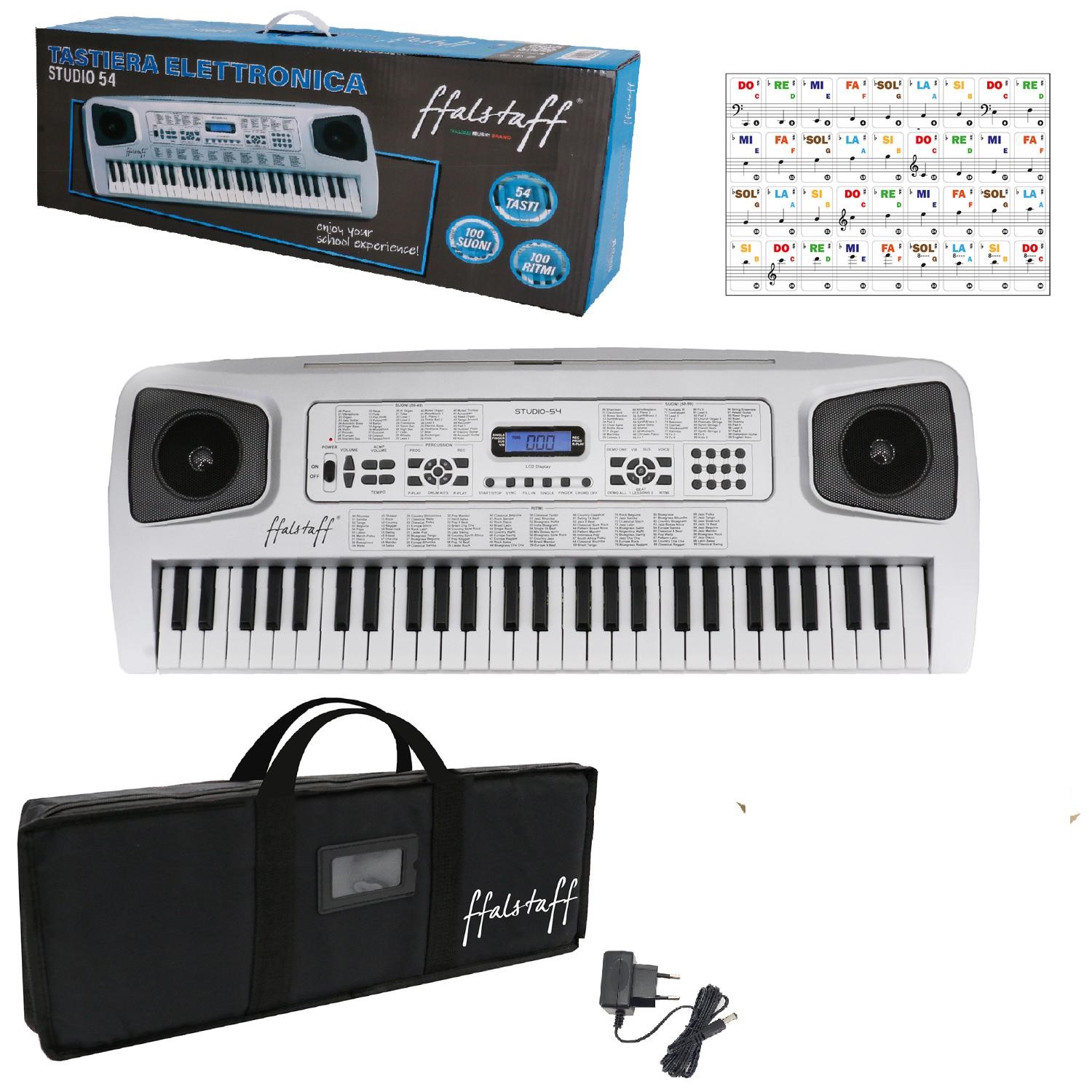 STUDIO-54 Tastiera Elettronica 54 tasti per uso Scolastico, Borsa ffalstaff, Alimentatore e Adesivi con Notazione Italiana