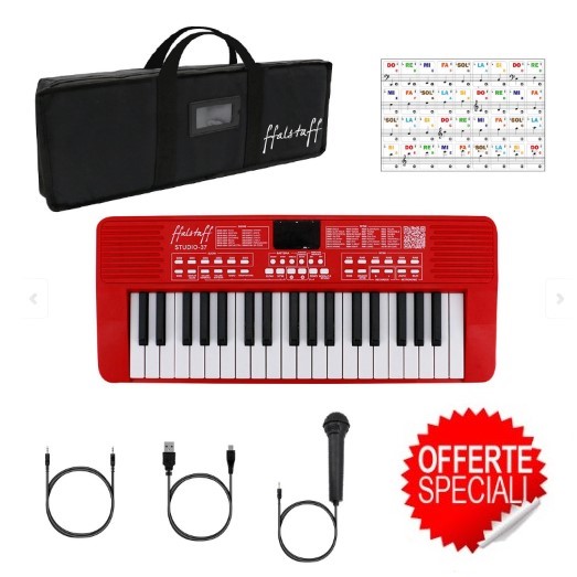 STUDIO-37 Tastiera Elettronica Ricaricabile 37 Tasti, Borsa con Imbottitura 5 mm, Alimentatore e Adesivi con Notazione Italiana (...la rossa)