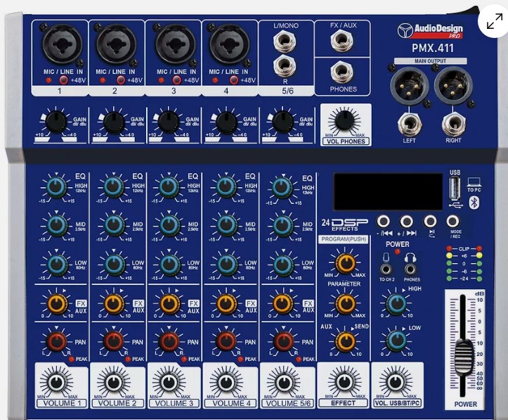 Mixer professionale 4+1+1
USB/BT 24 effetti con DSP -
Alimentazione USB