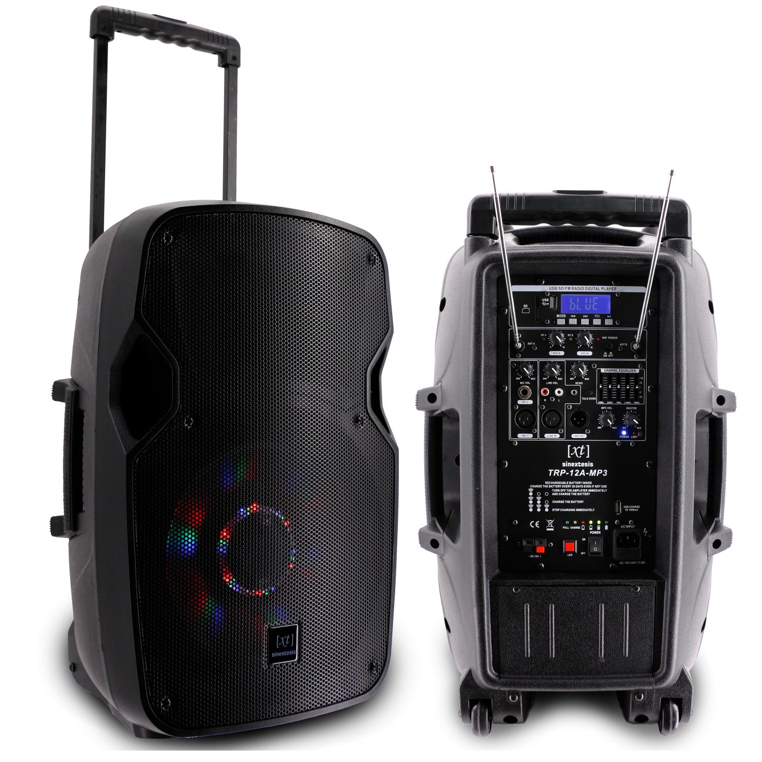 Diffusore Trolley 400W Ricaricabile Woofer da 12' con sistema LED, Display LCD, Player Mp3 (USB/SD), Radio FM, Caricatore USB, Telecomando, 2 Radiomicrofoni, Echo e TalkBack