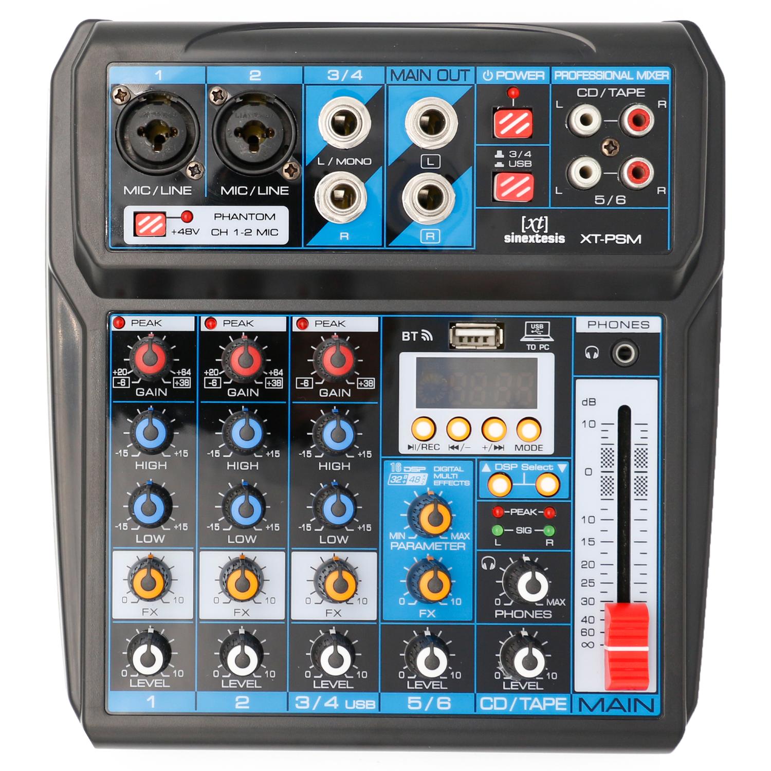 Mixer/Scheda Audio 6 canali, multieffetto DSP, interfaccia USB, lettore Mp3, Bluetooth
-