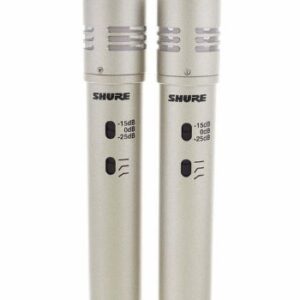 Coppia stereo di microfoni a condensatore Shure KSM141SL a doppia direttività, risposta in frequenza 20-20000 Hz, impedenza 150 Ohm.