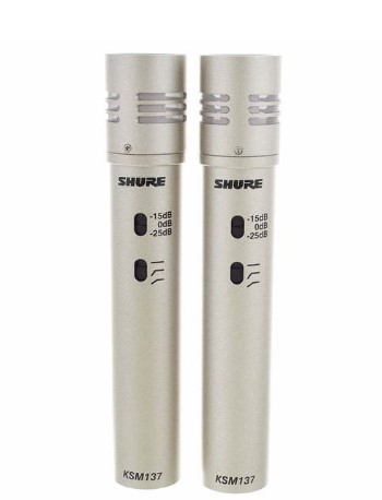 Coppia stereo di microfoni a condensatore Shure KSM141SL a doppia direttività , risposta in frequenza 20-20000 Hz, impedenza 150 Ohm.